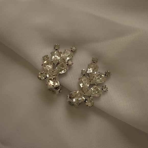 Weiss Jewelry - Weiss Vintage Glamour Elegant Fancy Rhinestone Crystal Silver Clip On Earrings